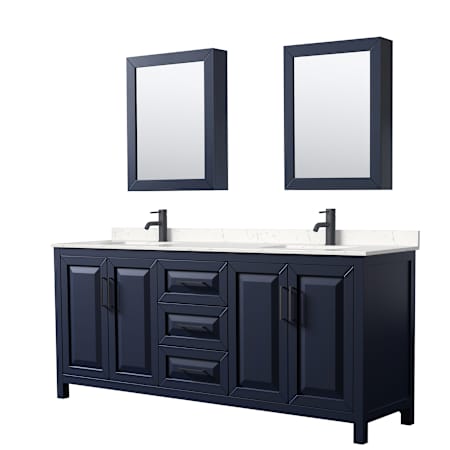 Wyndham Collection Daria 80" Free Standing Double Basin Vanity Set with Cabinet, Cultured Marble Vanity Top, and Medicine Cabinet Dark Blue / Carrara Cultured Marble Top / Matte Black Hardware