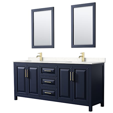 Wyndham Collection Daria 80" Free Standing Double Basin Vanity Set with Cabinet, Cultured Marble Vanity Top, and Framed Mirror Dark Blue / Carrara Cultured Marble Top / Brushed Gold Hardware
