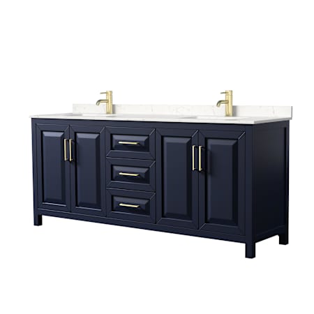 Wyndham Collection Daria 80" Free Standing Double Basin Vanity Set with Cabinet and Cultured Marble Vanity Top Dark Blue / Carrara Cultured Marble Top / Brushed Gold Hardware