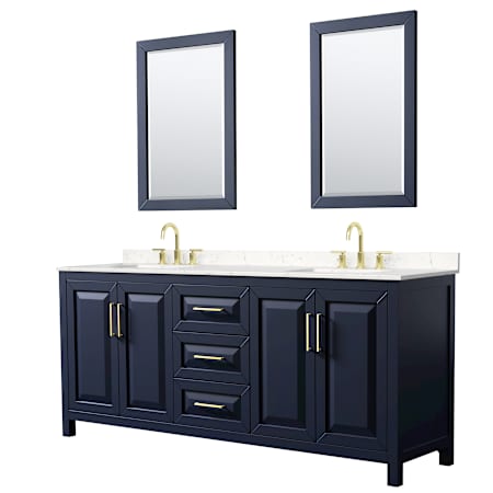Wyndham Collection Daria 80" Free Standing Double Basin Vanity Set with Cabinet, Cultured Marble Vanity Top for Widespread Faucets, and Framed Mirror Set Dark Blue / Carrara Cultured Marble Top / Brushed Gold Hardware