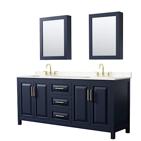 Wyndham Collection Daria 80" Free Standing Double Basin Vanity Set with Cabinet, Cultured Marble Vanity Top for Widespread Faucets, and Medicine Cabinet Dark Blue / Carrara Cultured Marble Top / Brushed Gold Hardware