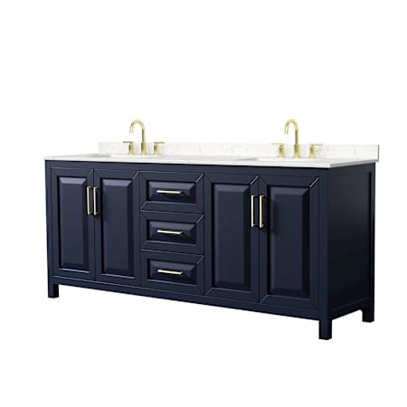 Wyndham Collection Daria 80" Free Standing Double Basin Vanity Set with Cabinet and Cultured Marble Vanity Top for Widespread Faucets Dark Blue / Carrara Cultured Marble Top / Brushed Gold Hardware