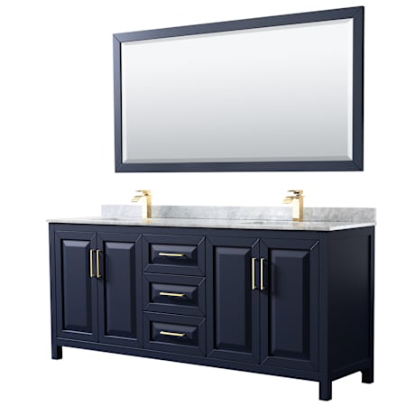 Wyndham Collection Daria 80" Free Standing Double Vanity Set with MDF Cabinet, Marble Vanity Top, 2 Undermount Sinks, and Framed Mirror Dark Blue / White Carrara Marble Top / Brushed Gold Hardware
