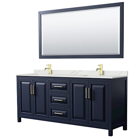 Wyndham Collection Daria 80" Free Standing Double Basin Vanity Set with Cabinet, Quartz Vanity Top, and Framed Mirror Dark Blue / Giotto Quartz Top / Brushed Gold Hardware