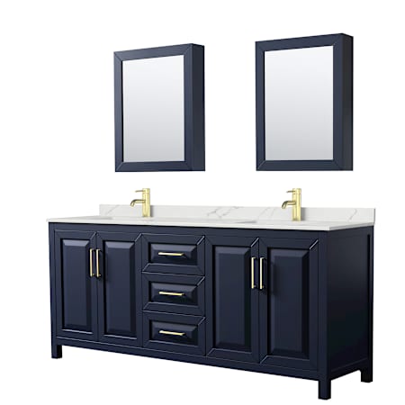 Wyndham Collection Daria 80" Free Standing Double Basin Vanity Set with Cabinet, Quartz Vanity Top, and Medicine Cabinet Dark Blue / Giotto Quartz Top / Brushed Gold Hardware