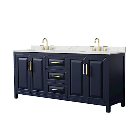 Wyndham Collection Daria 80" Free Standing Double Basin Vanity Set with Cabinet and Quartz Vanity Top Dark Blue / Giotto Quartz Top / Brushed Gold Hardware