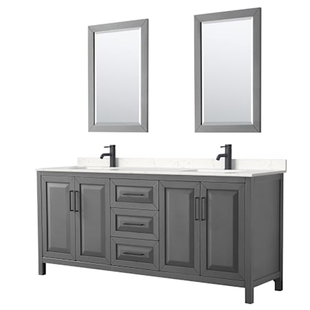 Wyndham Collection Daria 80" Free Standing Double Basin Vanity Set with Cabinet, Cultured Marble Vanity Top, and Framed Mirror Dark Gray / Carrara Cultured Marble Top / Matte Black Hardware