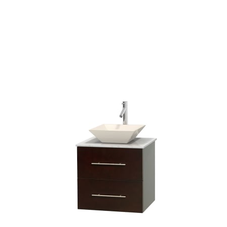 Full Vanity View with White Carrera Marble Top and Vessel Sink