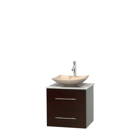 Full Vanity View with White Carrera Marble Top and Vessel Sink