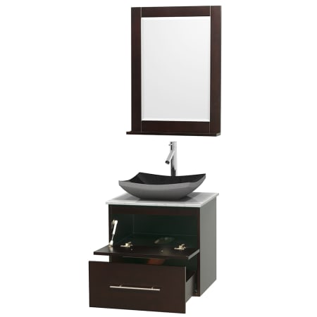 Open Vanity View with White Carrera Marble Top, Vessel Sink, and 24" Mirror