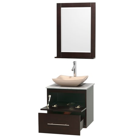 Open Vanity View with White Carrera Marble Top, Vessel Sink, and 24" Mirror