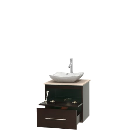 Open Vanity View with Ivory Marble Top and Vessel Sink