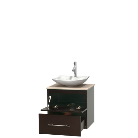 Open Vanity View with Ivory Marble Top and Vessel Sink