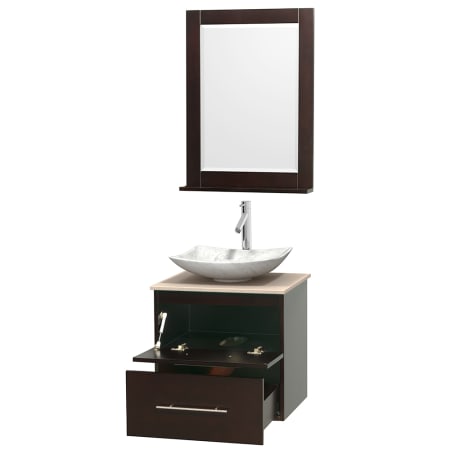 Open Vanity View with Ivory Marble Top, Vessel Sink, and 24" Mirror