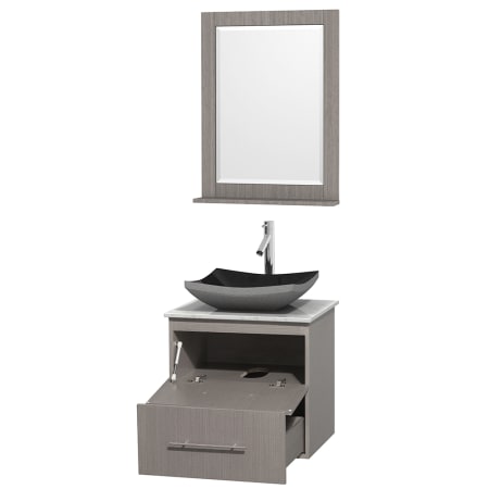 Open Vanity View with White Carrera Marble Top, Vessel Sink, and 24" Mirror