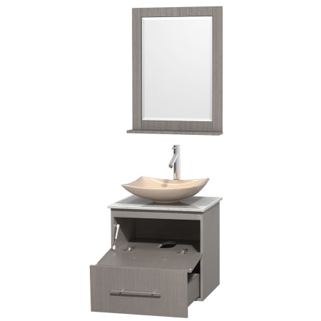 Open Vanity View with White Carrera Marble Top, Vessel Sink, and 24" Mirror