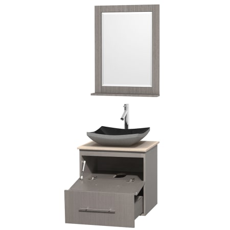 Open Vanity View with Ivory Marble Top, Vessel Sink, and 24" Mirror