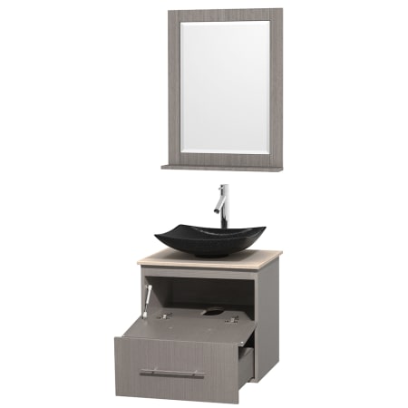 Open Vanity View with Ivory Marble Top, Vessel Sink, and 24" Mirror