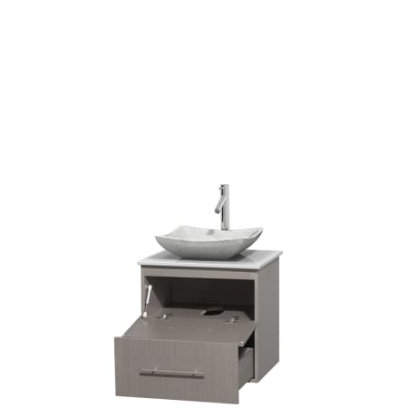 Open Vanity View with White Stone Top and Vessel Sink