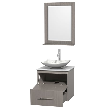 Open Vanity View with White Stone Top, Vessel Sink, and 24" Mirror