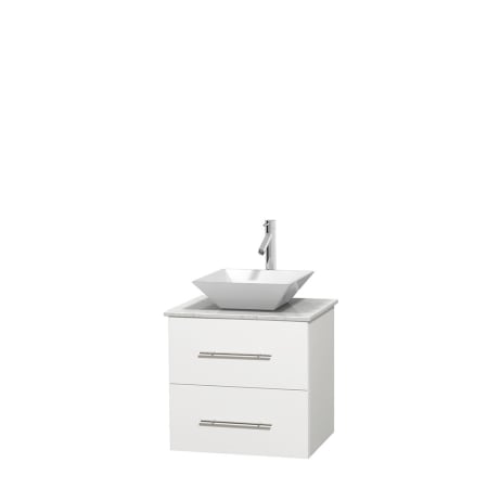 Full Vanity View with White Carrera Marble Top and Vessel Sink