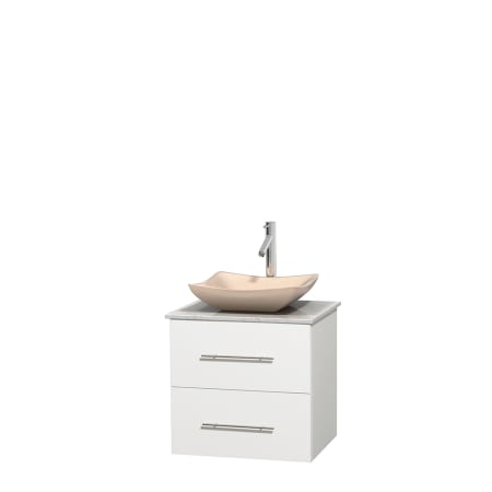 Full Vanity View with White Carrera Marble Top and Vessel Sink