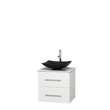 Full Vanity View with White Carrera Marble Top and Vessel Sink