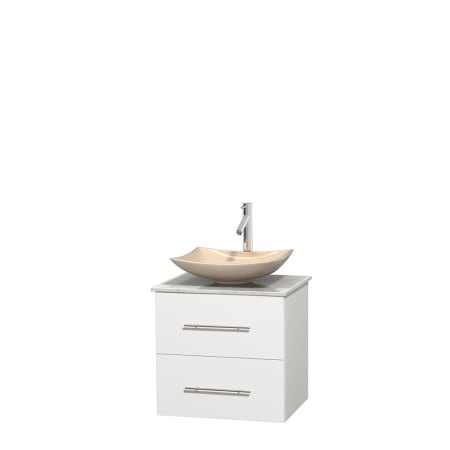 Full Vanity View with White Carrera Marble Top and Vessel Sink