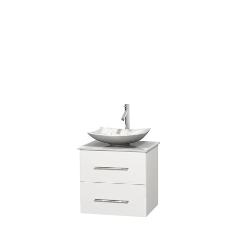 Full Vanity View with White Carrera Marble Top and Vessel Sink