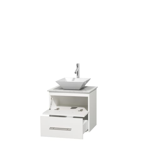 Open Vanity View with White Carrera Marble Top and Vessel Sink