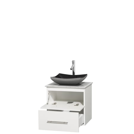 Open Vanity View with White Carrera Marble Top and Vessel Sink