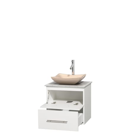 Open Vanity View with White Carrera Marble Top and Vessel Sink