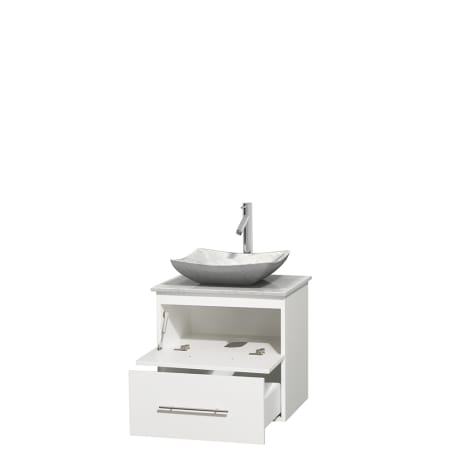 Open Vanity View with White Carrera Marble Top and Vessel Sink