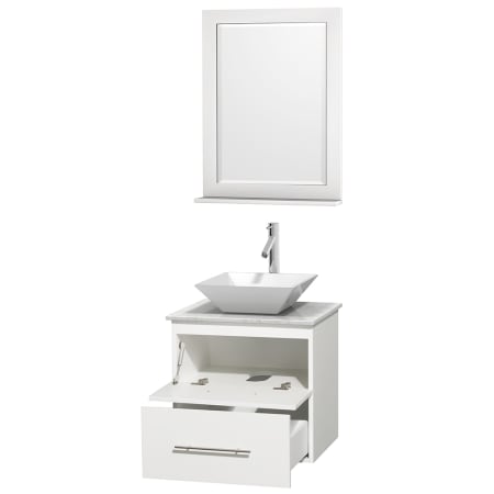 Open Vanity View with White Carrera Marble Top, Vessel Sink, and 24" Mirror