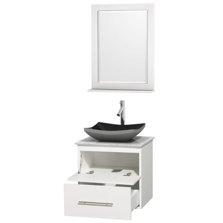 Open Vanity View with White Carrera Marble Top, Vessel Sink, and 24" Mirror