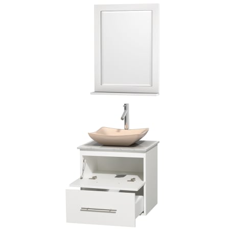 Open Vanity View with White Carrera Marble Top, Vessel Sink, and 24" Mirror