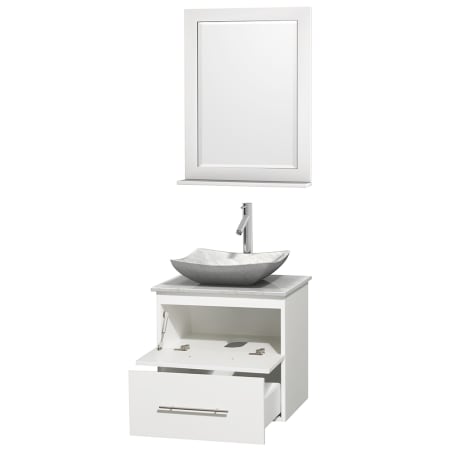 Open Vanity View with White Carrera Marble Top, Vessel Sink, and 24" Mirror