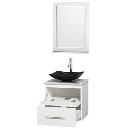 Open Vanity View with White Carrera Marble Top, Vessel Sink, and 24" Mirror