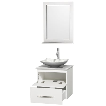 Open Vanity View with White Carrera Marble Top, Vessel Sink, and 24" Mirror