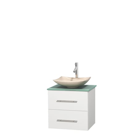 Full Vanity View with Green Glass Top and Vessel Sink