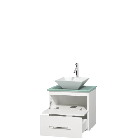 Open Vanity View with Green Glass Top and Vessel Sink