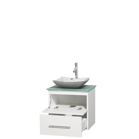 Open Vanity View with Green Glass Top and Vessel Sink