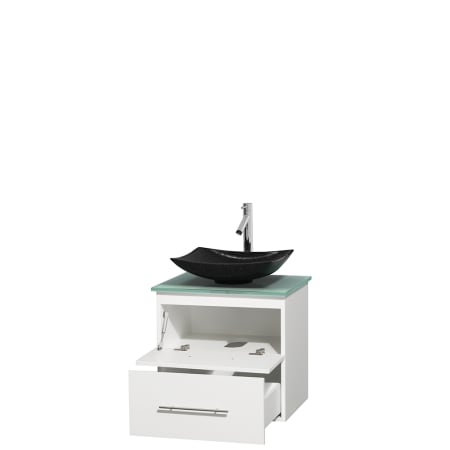 Open Vanity View with Green Glass Top and Vessel Sink