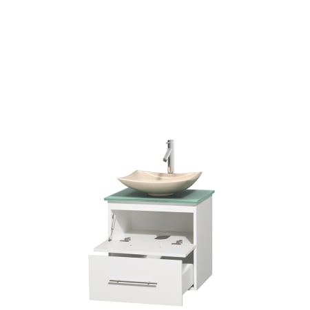 Open Vanity View with Green Glass Top and Vessel Sink