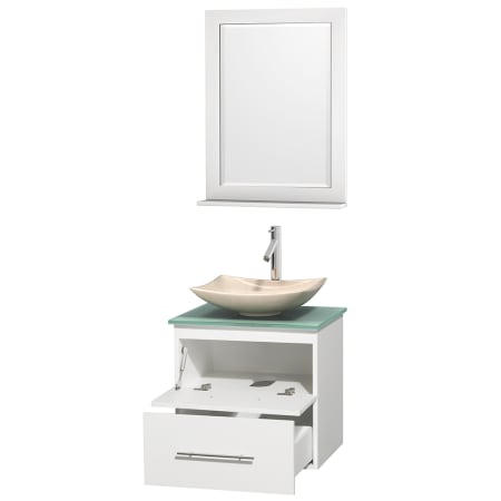 Open Vanity View with Green Glass Top, Vessel Sink, and 24" Mirror