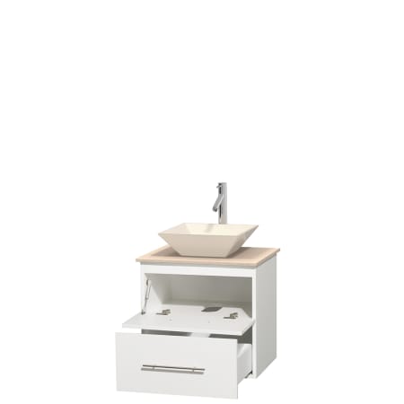 Open Vanity View with Ivory Marble Top and Vessel Sink