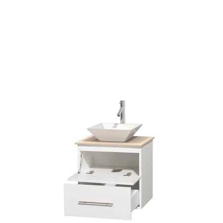 Open Vanity View with Ivory Marble Top and Vessel Sink