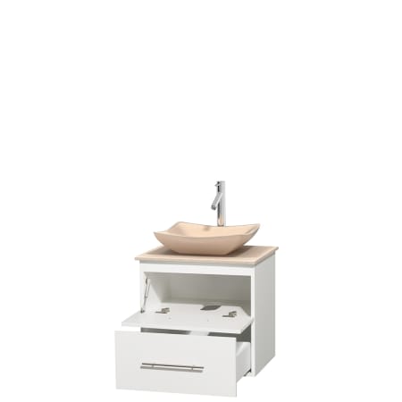 Open Vanity View with Ivory Marble Top and Vessel Sink