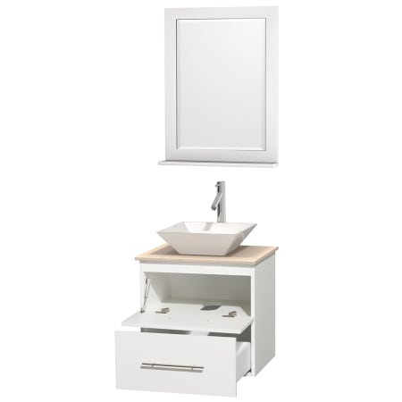 Open Vanity View with Ivory Marble Top, Vessel Sink, and 24" Mirror