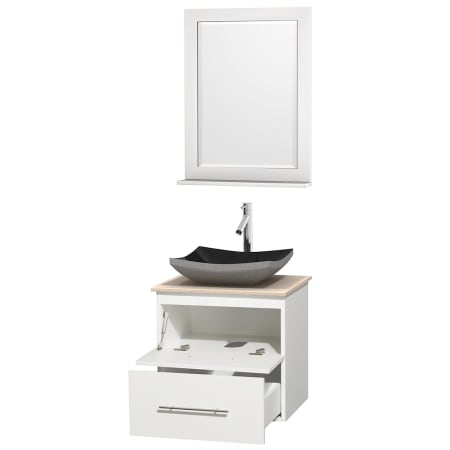 Open Vanity View with Ivory Marble Top, Vessel Sink, and 24" Mirror